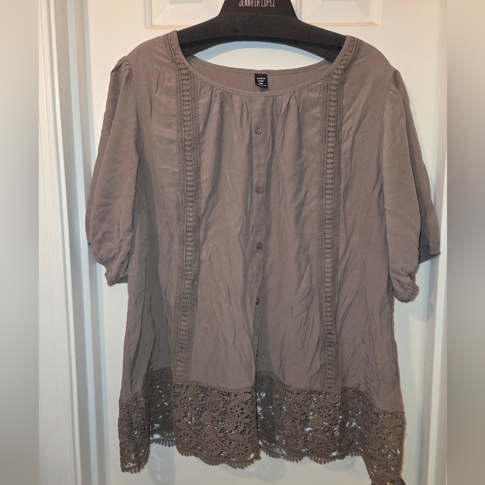 SHEIN Curve Taupe Lace Trim Blouse Top Shirt.  Size 3XL